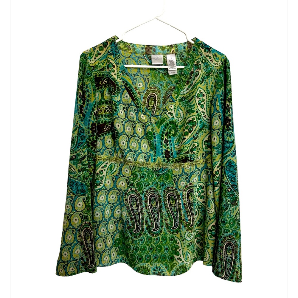 EMMA JAMES Green Blue Paisley Boho Tunic Top V-Neck Beaded Waist Women’s Size 14